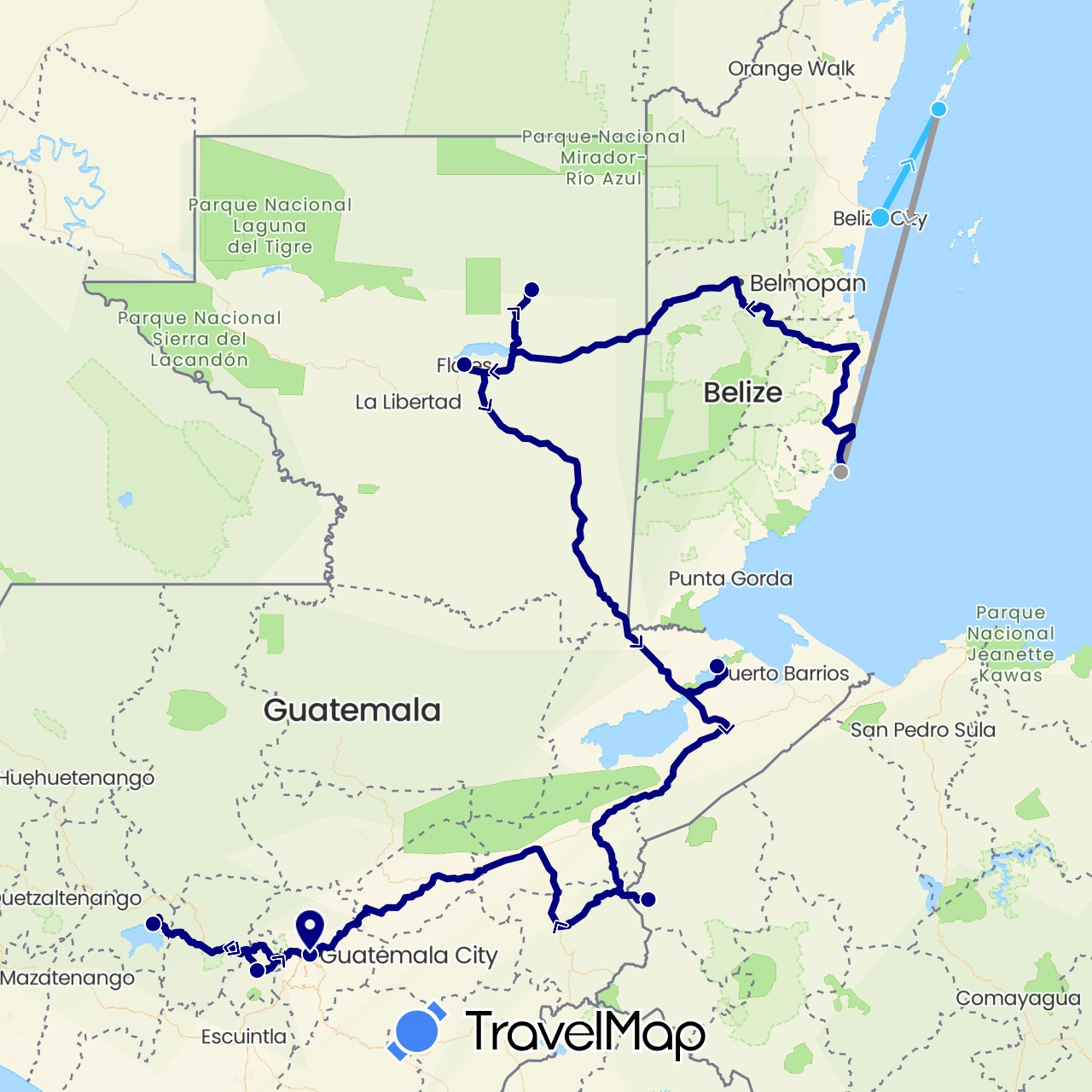 TravelMap itinerary: driving, plane, boat in Belize, Guatemala, Honduras (North America)