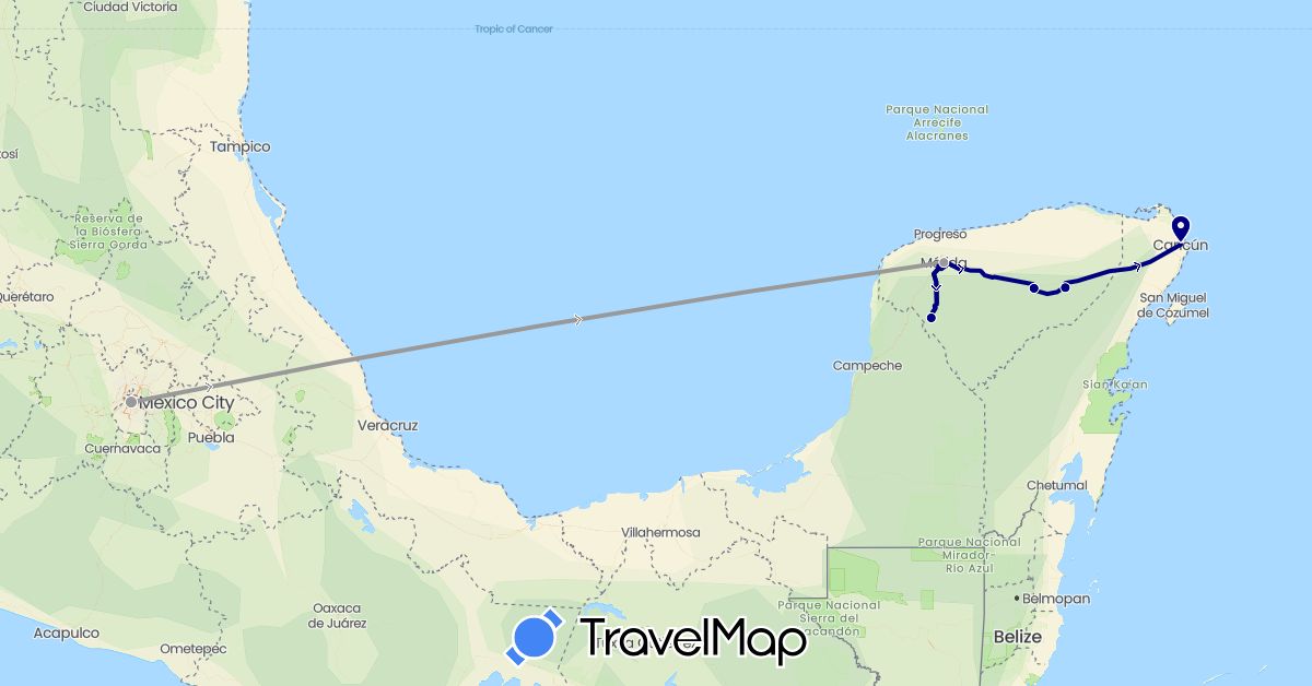 TravelMap itinerary: driving, plane in Mexico (North America)