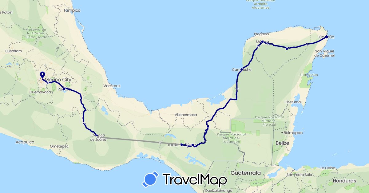 TravelMap itinerary: driving, plane in Mexico (North America)