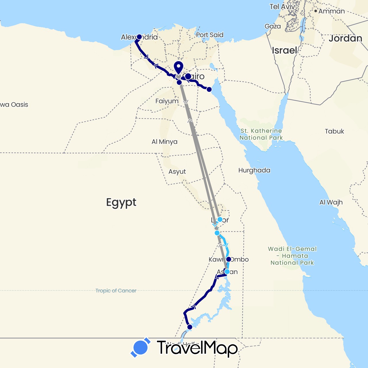 TravelMap itinerary: driving, plane, boat in Egypt (Africa)