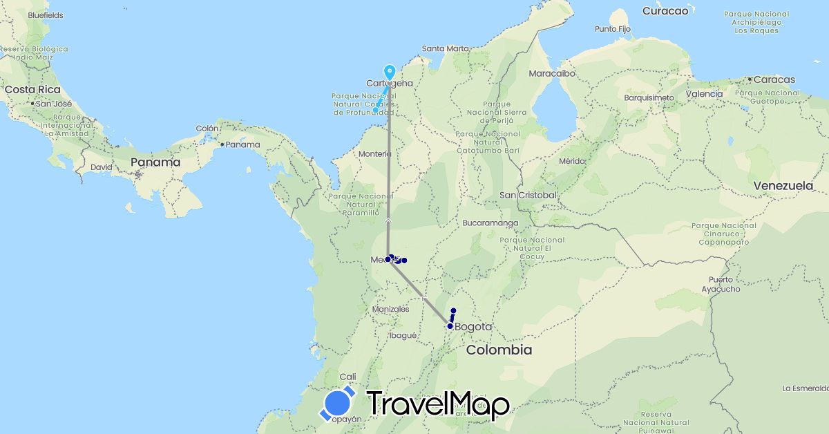 TravelMap itinerary: driving, plane, boat in Colombia (South America)