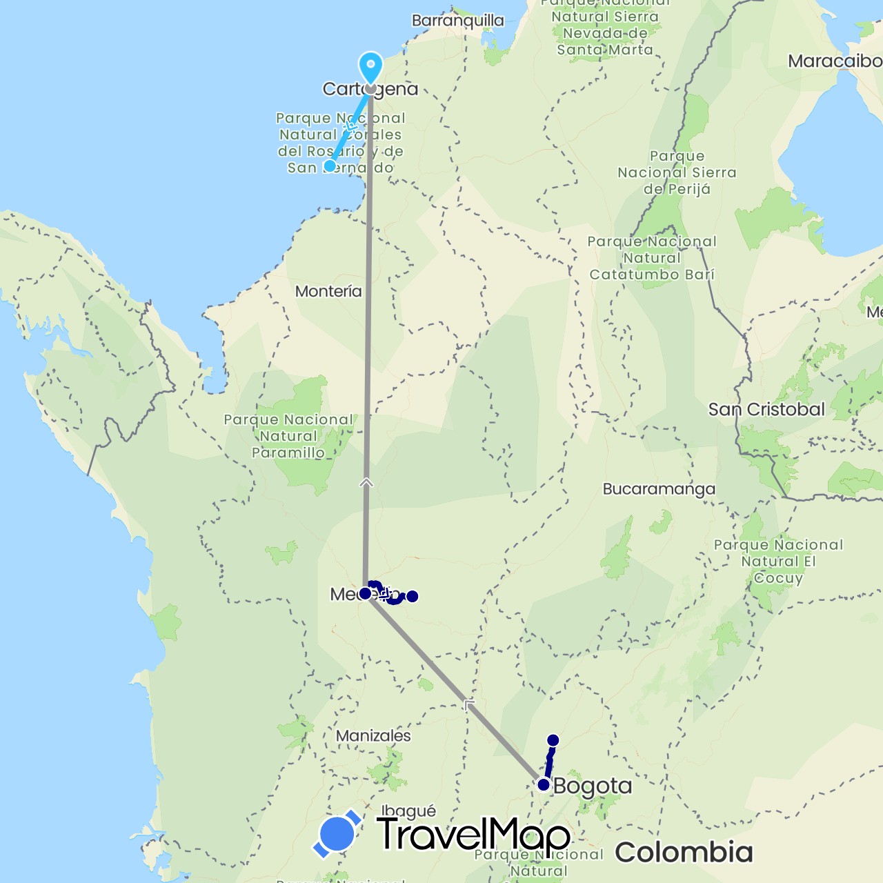 TravelMap itinerary: driving, plane, boat in Colombia (South America)