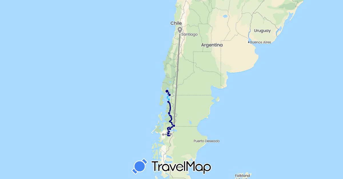 TravelMap itinerary: driving, plane, boat in Chile (South America)