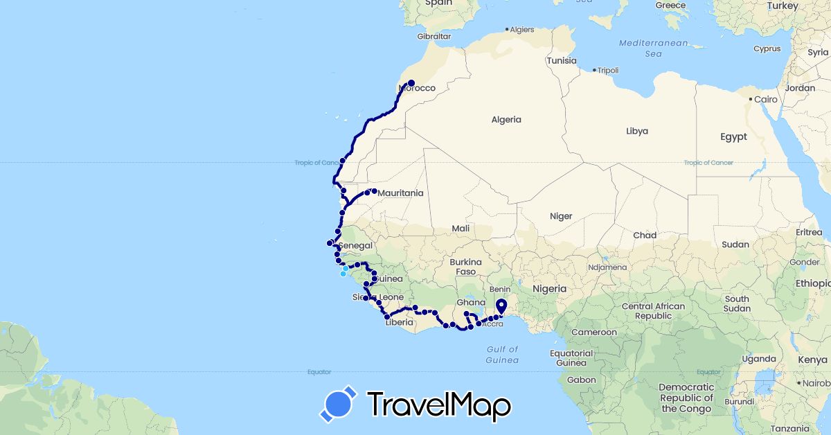 TravelMap itinerary: driving, boat in Benin, Côte d'Ivoire, Ghana, Gambia, Guinea, Guinea-Bissau, Liberia, Morocco, Mauritania, Sierra Leone, Senegal, Togo (Africa)