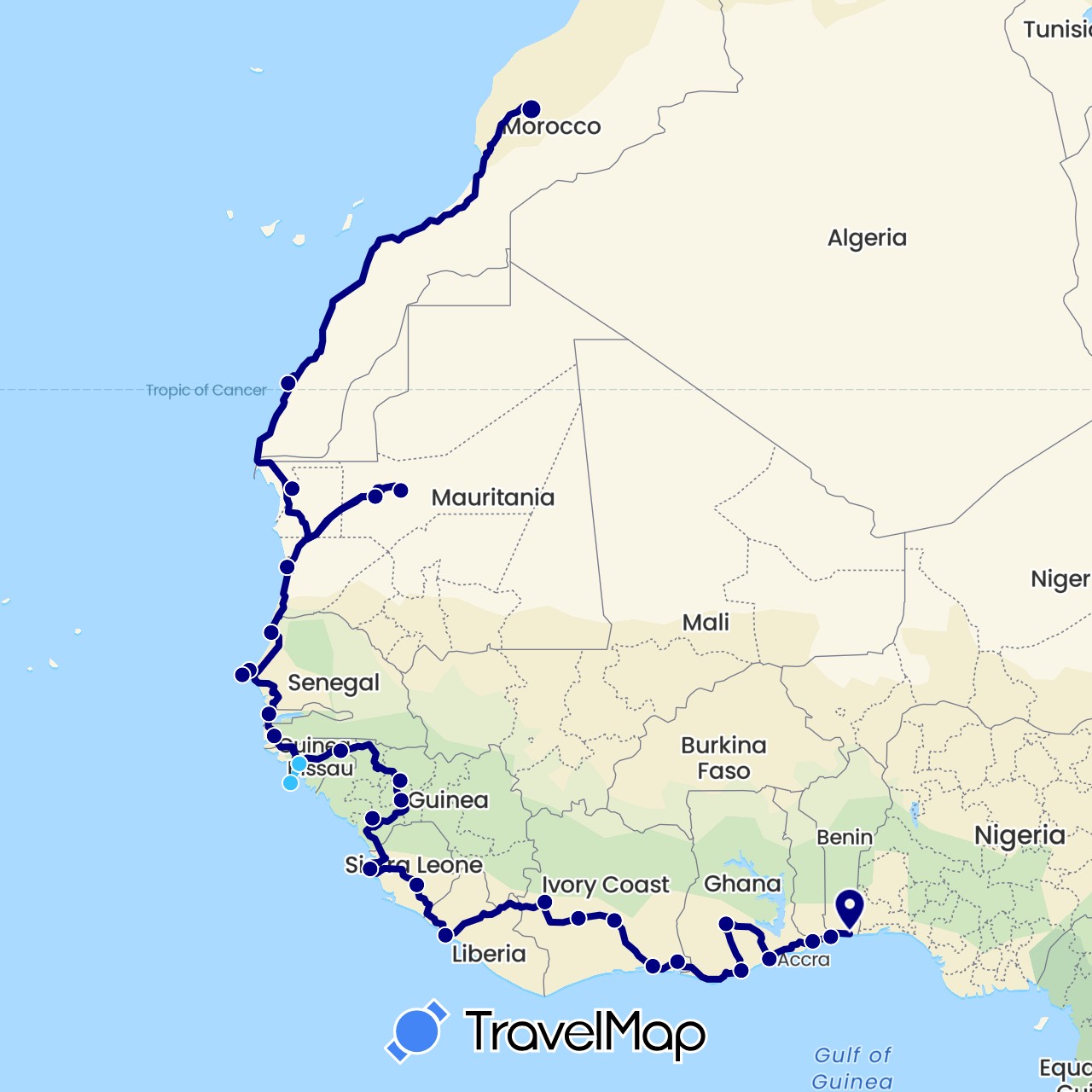 TravelMap itinerary: driving, boat in Benin, Côte d'Ivoire, Ghana, Gambia, Guinea, Guinea-Bissau, Liberia, Morocco, Mauritania, Sierra Leone, Senegal, Togo (Africa)