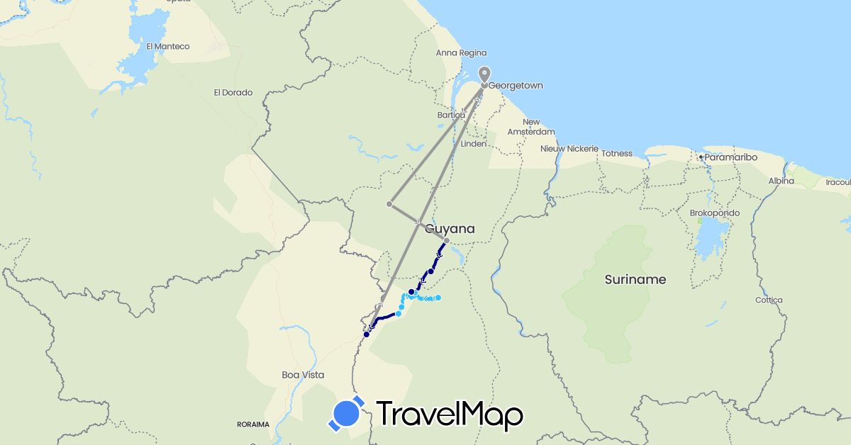 TravelMap itinerary: driving, plane, boat in Guyana (South America)