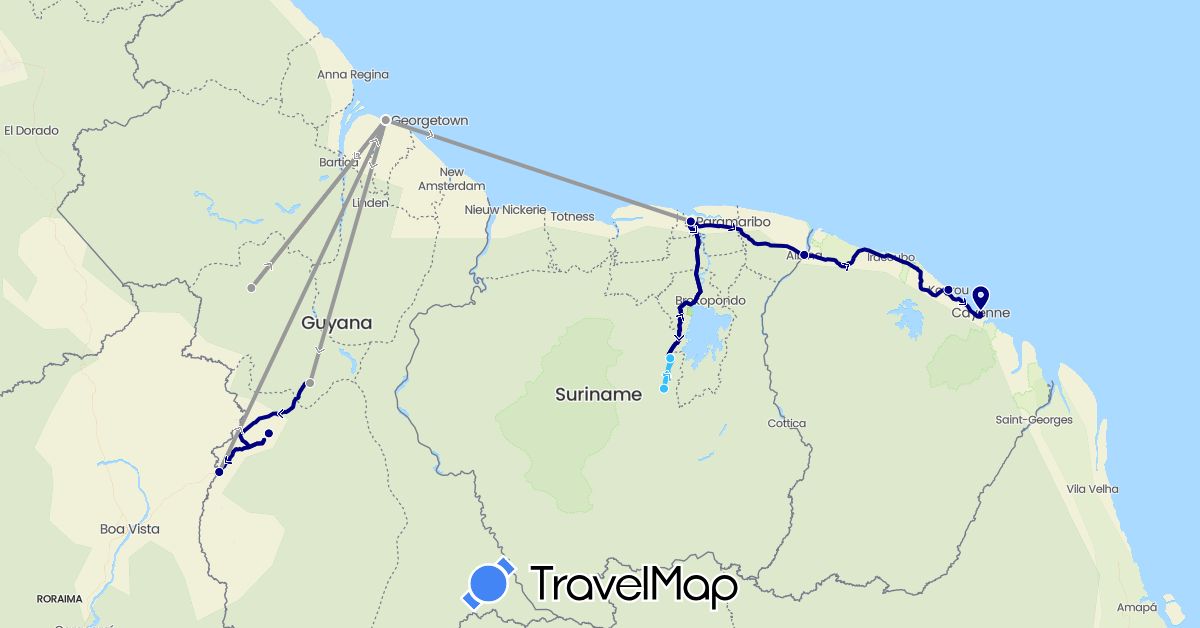 TravelMap itinerary: driving, plane, boat in France, Guyana, Suriname (Europe, South America)