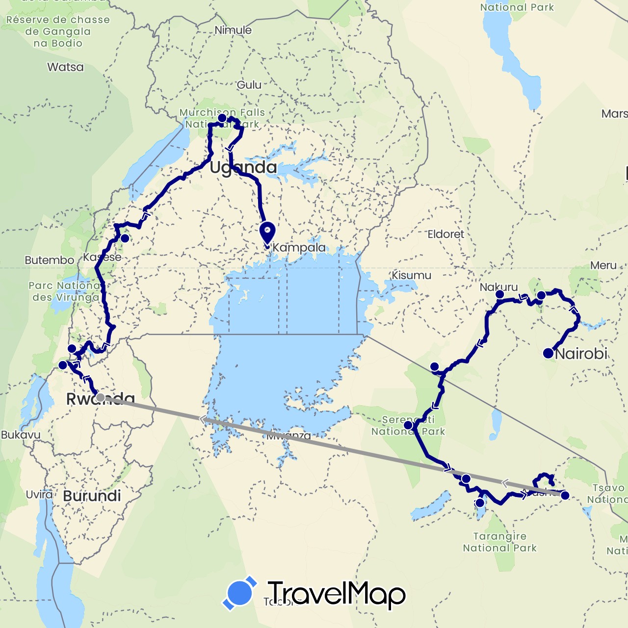 TravelMap itinerary: driving, plane in Kenya, Rwanda, Tanzania, Uganda (Africa)