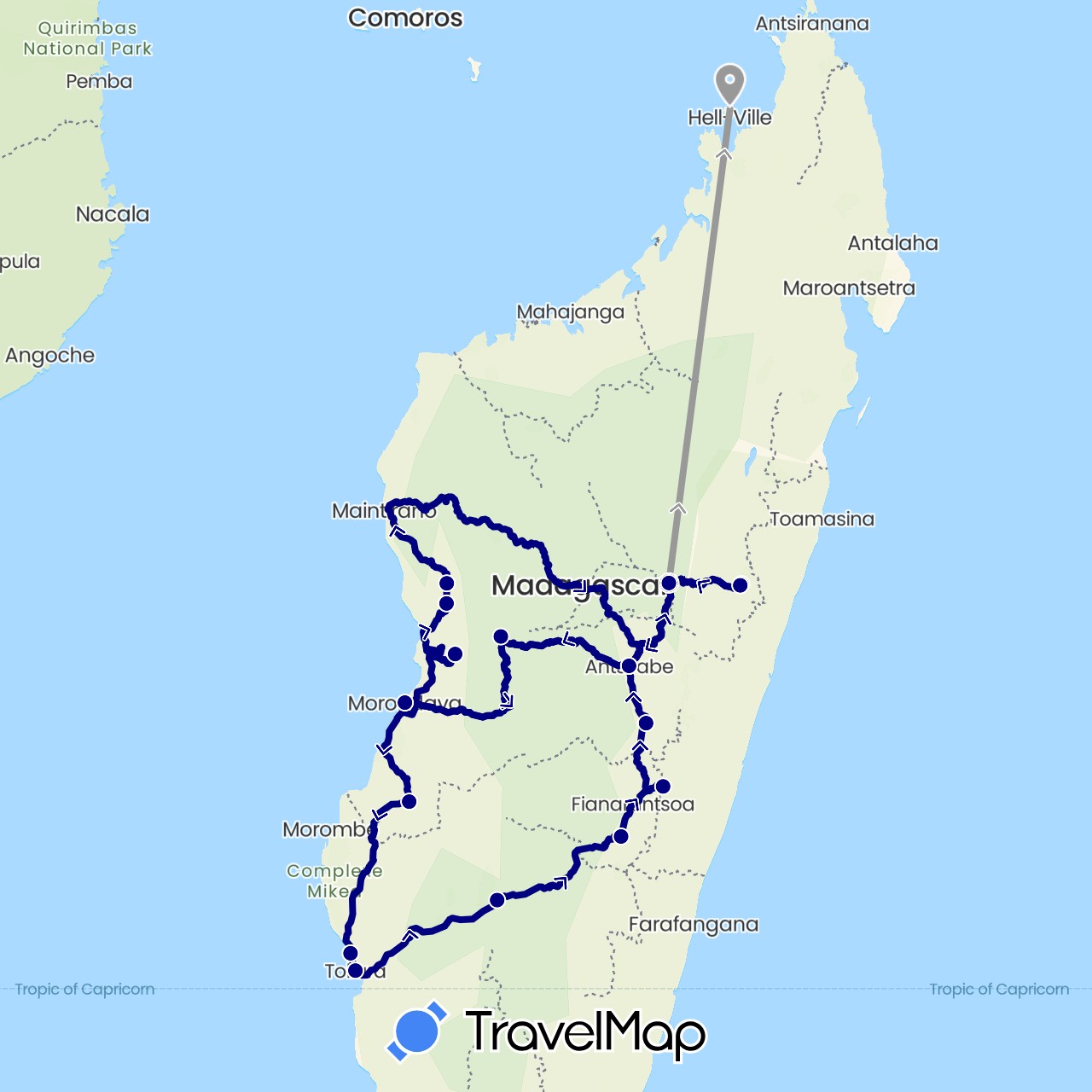 TravelMap itinerary: driving, plane in Madagascar (Africa)